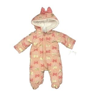 NWT Disney Baby Girl 0/3m Pink Hooded Puffer Snowsuit Zip Cozy Footed Winter